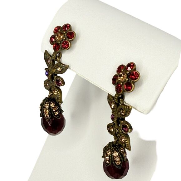 Hobe Red Flower Dangle Drop Earrings 2" Crystal Jewels Of Legendary Splendor - Picture 7 of 13